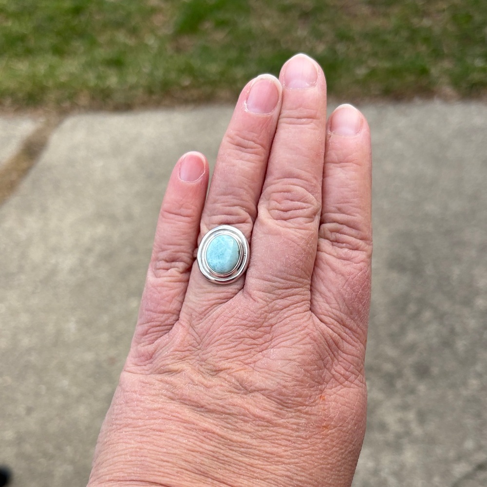 Sterling Silver Oval Larimar Ring Size 8 Modern Minimalist Cabochon Light Blue - Picture 8 of 11